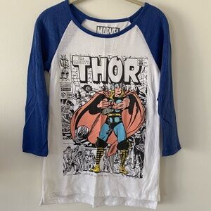 Marvel Comic Thor Baseball Tee Shirt Blue White Size S